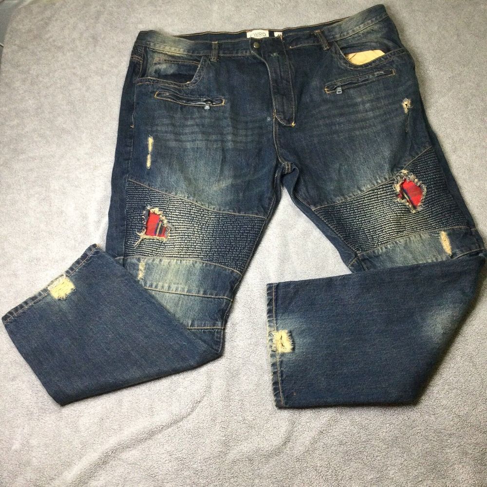 FWRD Denim Jeans Men's 48x33  Distressed Destroyed Plaid Patch‎ Grunge Hip Hop